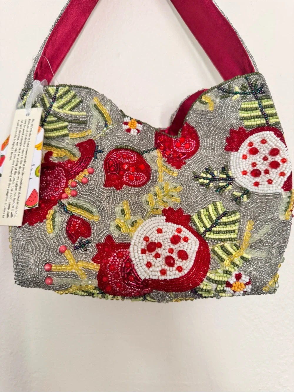 Beaded Red Pomegranate Clutch with Wrist Handle